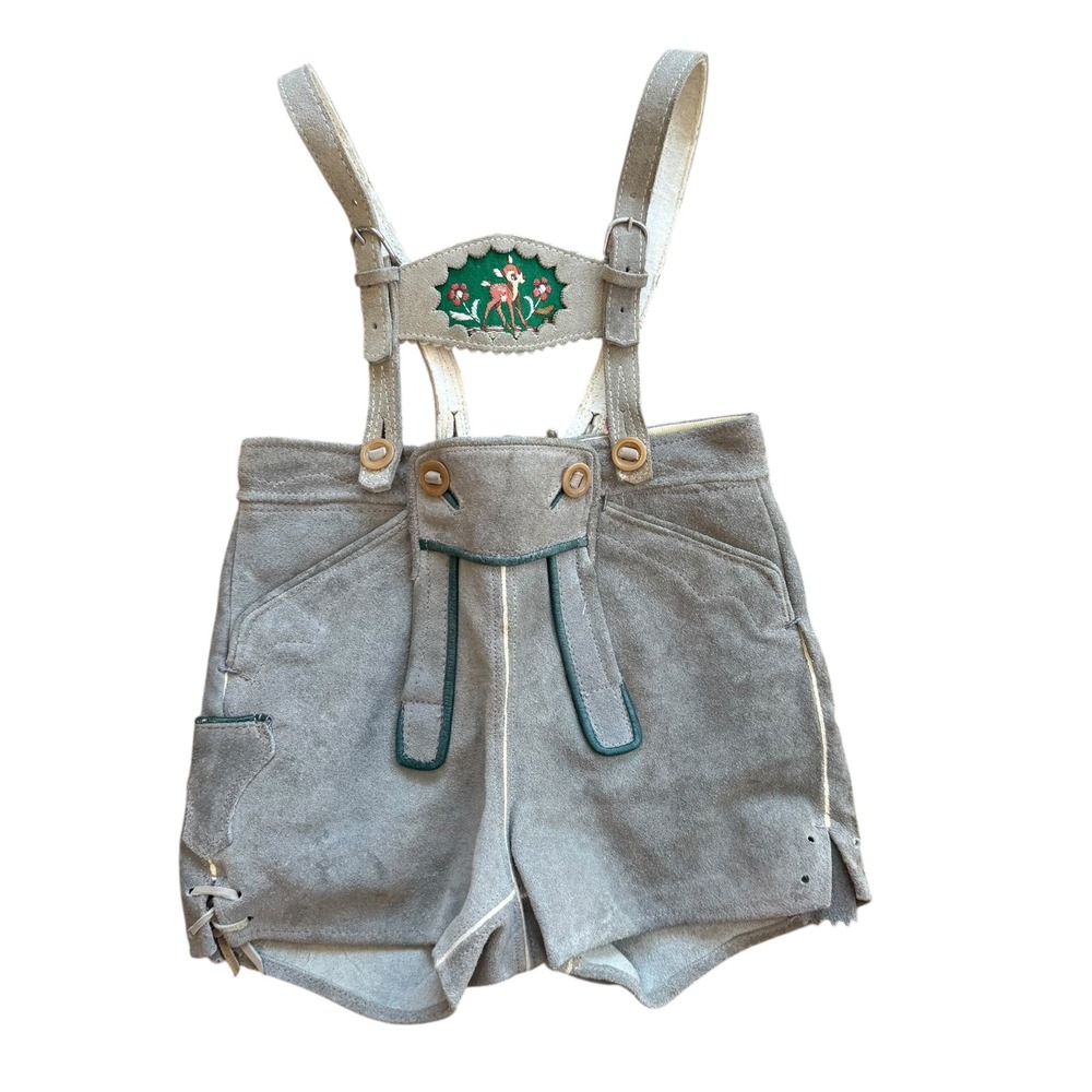 Vintage Kids Lederhosen Grey Suede Embroidered Deer Bavarian Shorts Suspender 3